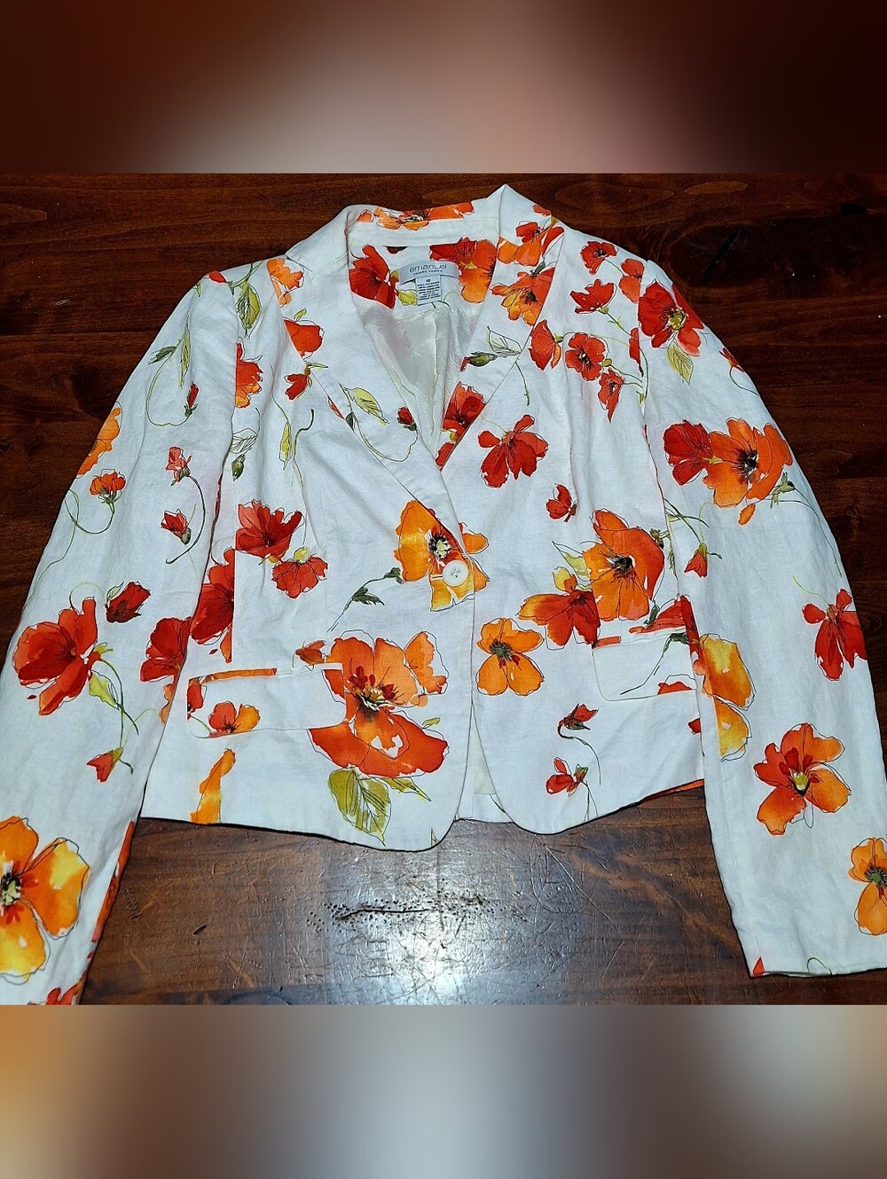Emanuel Ungaro White Blazer with Orange and Red Floral Print Size 12